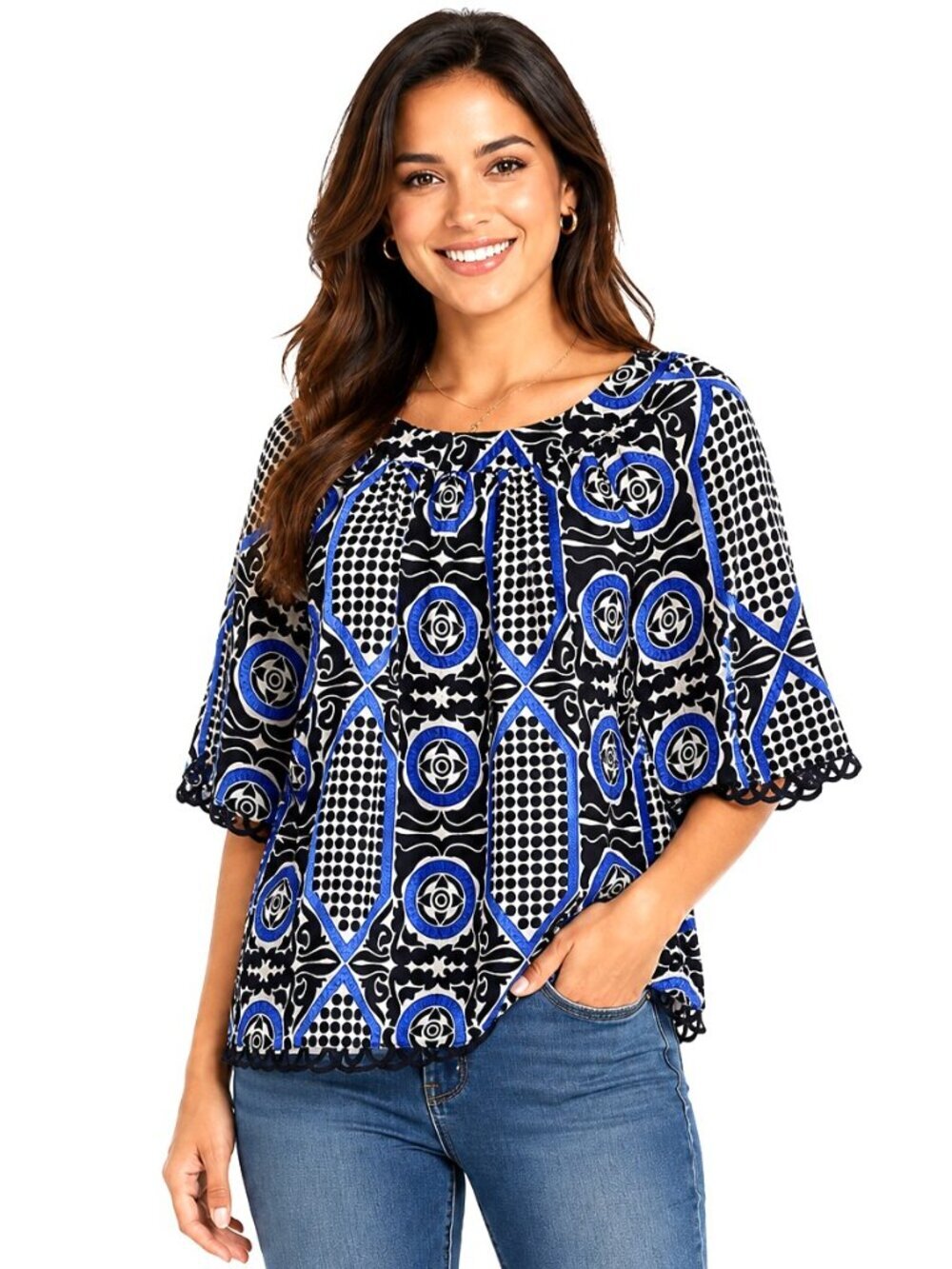 Alice & Trixie Crochet Trim Silk Jacquard Tunic Top